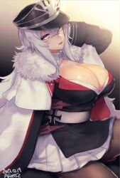  ariesuzu_(ariessz) artist_name azur_lane black_jacket bra bra_peek breasts brown_pantyhose buttons cape cleavage collarbone collared_shirt commentary_request covered_nipples cross crossed_bangs dated eyelashes female fur_collar gradient_background graf_zeppelin_(azur_lane) hair_between_eyes hat head_tilt iron_cross jacket large_breasts lips long_hair long_sleeves looking_at_viewer military military_hat military_uniform miniskirt pantyhose parted_lips peaked_cap pink_eyes pink_lips pleated_skirt shadow shiny_skin shirt sitting skirt solo thighs underwear uniform white_bra white_cape white_hair white_shirt white_skirt 