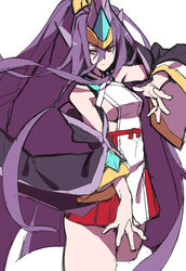  bare_shoulders blazblue breasts detached_sleeves female hades_izanami makai mikado_(blazblue) purple_hair red_eyes sideboob skirt very_long_hair 