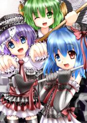  3girls animal_ears bad_id bad_pixiv_id black_legwear blue_eyes blue_hair boots broom gothic_lolita green_eyes green_hair hat heterochromia hori_daikon karakasa_obake kasodani_kyouko lolita_fashion miyako_yoshika multiple_girls oerba_yun_fang ofuda one_eye_closed open_mouth outstretched_arms red_eyes short_hair skirt smile tatara_kogasa thighhighs touhou umbrella zettai_ryouiki zombie_pose 