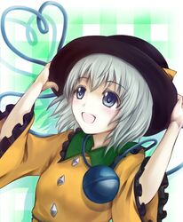  blue_eyes blush bow cofi_(eternal) commentary_request eyeball female grey_hair hand_on_headwear hat heart heart_of_string komeiji_koishi open_mouth short_hair solo third_eye touhou 