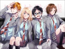  2boys 2girls arima_kousei black_hair blazer blonde_hair blue_eyes brown_eyes brown_hair commentary_request glasses grin jacket long_hair miyazono_kawori multiple_boys multiple_girls necktie one_eye_closed sawabe_tsubaki school_uniform shigatsu_wa_kimi_no_uso short_hair sitting smile tsuyuki_(oudan_chitsujo_xxx) v watari_ryouta 