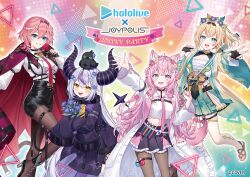  4girls animal_ears antenna_hair belt black_belt black_choker black_gloves black_horns black_shoes black_skirt blonde_hair blue_eyes blush braid braided_bun breasts brown_pantyhose chest_sarashi choker coat collarbone collared_shirt colored_inner_hair commentary_request company_name copyright_logo crow_(la+_darknesss) crown_braid double_bun fingerless_gloves fingernails flower gentiana_(flower) gloves green_eyes green_kimono green_ribbons green_skirt grin hair_between_eyes hair_bun hair_flower hair_ornament hair_ribbon hair_wings hakui_koyori hakui_koyori_(1st_costume) heart heart_choker high_heels holding holding_flower hololive holox horns jacket japanese_clothes karokuchitose kazama_iroha kazama_iroha_(1st_costume) kimono kokoro_(hakui_koyori) la+_darknesss la+_darknesss_(1st_costume) lab_coat large_breasts logo long_hair long_sleeves medium_hair multicolored_hair multiple_girls nail_polish navel necktie oerba_yun_fang official_art open_clothes open_coat open_mouth pantyhose pink_background pink_coat pink_flower pink_hair pink_nails pink_necktie pink_skirt pink_tail pleated_skirt pocket_watch pouch purple_eyes purple_flower purple_horns purple_jacket red_flower red_necktie red_ribbon red_rose ribbon rose sarashi shirt shoes short_hair skirt sleeves_past_fingers sleeves_past_wrists smile stomach striped_horns tail takane_lui takane_lui_(1st_costume) teeth test_tube thigh_belt thigh_pouch thigh_strap thighhighs thighs tie_clip two-tone_hair upper_teeth_only very_short_hair virtual_youtuber w watch white_belt white_coat white_shirt white_thighhighs wolf_ears wolf_girl wolf_tail yellow_eyes yellow_kimono 