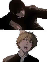  2boys black_eyes black_hair black_pants blood blood_on_hand brown_eyes chainsaw_man denji_(chainsaw_man) gakuran grabbing_another's_hair hand_on_another's_head highres holding_another's_hair jacket male_focus mole mole_under_mouth multiple_boys nosebleed open_clothes open_jacket open_mouth pants punched sawgak school_uniform sharp_teeth short_hair simple_background squatting teeth white_background yoshida_hirofumi 