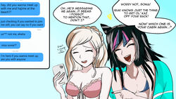  2girls big_breasts bikini black_hair blonde_hair breasts cellphone danganronpa danganronpa_2:_goodbye_despair enjayhey female_only horns imminent_yuri long_hair mioda_ibuki small_breasts sonia_nevermind straight_hair three_tone_hair upper_body 