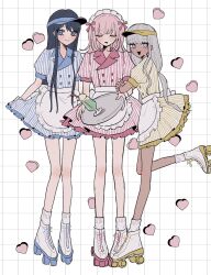  3girls alternate_costume black_hair blue_dress blush buttons danganronpa:_trigger_happy_havoc danganronpa_(series) danganronpa_2:_goodbye_despair danganronpa_v3:_killing_harmony dark-skinned_female dark_skin double-breasted dress drooling frilled_dress frills full_body grey_hair heart highres long_hair maid_headdress maizono_sayaka medium_hair multiple_girls nanami_chiaki pink_hair puffy_short_sleeves puffy_sleeves raamensusure roller_skates shoes short_sleeves simple_background skates sleeping smile socks striped_clothes striped_dress waitress white_background white_socks yellow_dress yonaga_angie 