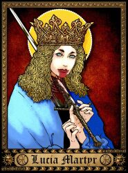  blonde_hair blood blood_in_mouth blue_eyes character_request check_copyright christian_mythology copyright_request crown female impaled long_hair looking_at_viewer real_life seoh_officiall solo sword weapon 