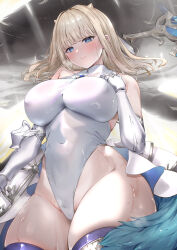  armored_skirt blonde_hair blue_eyes blue_gemstone blush breasts brown_dust_2 closed_mouth covered_navel eyebrows_hidden_by_hair feet_out_of_frame female gauntlets gem groin hand_on_own_chest haowei_wu highleg highleg_leotard highres huge_breasts justia_(brown_dust) leotard looking_at_viewer medium_hair skin_tight small_horns smile solo sweat white_leotard 