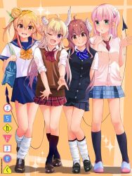  4girls :d ;d ahoge alternate_costume bag bare_legs black_footwear black_skirt black_socks black_vest blonde_hair blue_bow blue_bowtie blue_sailor_collar blue_skirt bow bowtie broken_horn brown_eyes brown_footwear brown_hair brown_vest chiyoda_momo chuutaro_metal commentary copyright_name crossed_ankles curled_horns demon_tail diagonal-striped_clothes diagonal-striped_necktie full_body green_eyes gyaru gyaru_v hair_between_eyes hair_bun hair_ornament hairclip hinatsuki_mikan horns kneehighs kogal light_blush lilith_(machikado_mazoku) loafers long_hair looking_at_viewer loose_socks machikado_mazoku miniskirt multiple_girls necktie oerba_yun_fang one_eye_closed one_side_up open_mouth orange_bow orange_bowtie orange_hair pink_hair plaid_clothes plaid_skirt pointy_ears polka_dot_bowtie purple_eyes red_necktie red_skirt sailor_collar school_bag school_uniform serafuku shoes simple_background single_side_bun skin_fang skirt smile socks sparkle striped_bow striped_bowtie striped_clothes tail v v-shaped_eyebrows vest white_socks yellow_background yellow_vest yoshida_yuuko_(machikado_mazoku) 