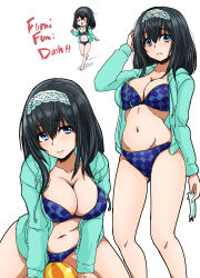  ball beachball bikini black_hair blue_bikini blue_eyes bookmark breasts checkered_bikini checkered_clothes commentary_request feet_out_of_frame female green_jacket hairband highres hood hooded_jacket idolmaster idolmaster_cinderella_girls jacket large_breasts medium_breasts multiple_views nozarashi_satoru sagisawa_fumika simple_background swimsuit white_background 