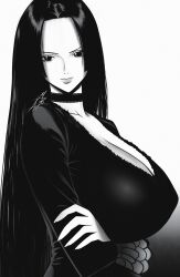  absurdres boa_hancock breasts choker cleavage dress female from_behind gradient_background greyscale highres huge_breasts long_hair looking_at_viewer monochrome mostlybluewyatt one_piece parted_bangs solo 