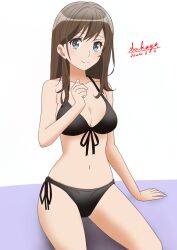  artist_name bikini black_bikini blue_eyes breasts brown_hair cleavage dated female front-tie_bikini_top front-tie_top halterneck hibike!_euphonium kuroe_mayu long_hair looking_at_viewer medium_breasts revision sakayaya side-tie_bikini_bottom simple_background solo string_bikini swimsuit white_background 