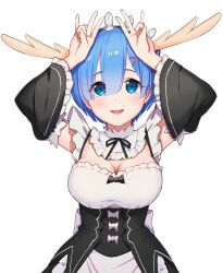  arms_up black_dress black_sleeves blue_hair breasts cleavage collar detached_collar detached_sleeves dress female hair_ornament highres large_breasts looking_at_viewer open_mouth re:zero_kara_hajimeru_isekai_seikatsu rem_(re:zero) roswaal_mansion_maid_uniform short_hair smile solo tarunyan white_background white_collar x_hair_ornament 