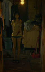  1boy black_footwear black_hair blood blood_on_clothes blood_on_face blood_on_ground blue_shorts boxcutter bucket commentary dark death english_commentary female half-closed_eyes highres holding holding_weapon indoors lamp looking_at_viewer medium_hair mop murder night original sad shirt short_sleeves shorts slippers wang-xi weapon white_shirt 