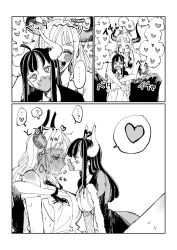  ... ...? 2girls ? blush breasts closed_eyes full-face_blush greyscale heart highres horns long_hair mask monochrome mouth_mask multiple_girls ngo_flamingo one_piece open_mouth spoken_heart spoken_question_mark teeth tongue tongue_out ulti_(one_piece) yamato_(one_piece) yuri 