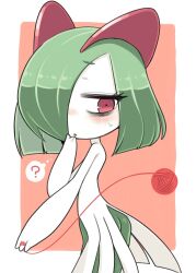  ? ass bags_under_eyes blush colored_skin green_hair hair_over_one_eye highres horns ino_(tellu0120) kirlia multicolored_skin parted_lips pink_eyes pokemon pokemon_(creature) sidelocks simple_background string_around_finger sweatdrop two-tone_skin white_skin yarn yarn_ball 