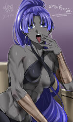  abs absurdres assassin_(fate/zero) breasts colored_skin couch dagger dated earrings fate/grand_order fate_(series) female female_assassin_(fate/zero) grey_skin highres hoop_earrings jewelry knife long_hair looking_at_viewer medium_breasts muscular muscular_female open_mouth ponytail purple_eyes purple_hair sharp_teeth shin_(ultramarine430) solo teeth tongue tongue_out translation_request vambraces very_long_hair weapon 