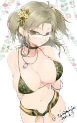  armpit_crease arms_behind_back artist_name bangle belt belt_buckle belt_collar bikini bikini_shorts blush bracelet breasts brown_flower buckle camouflage camouflage_bikini camouflage_shorts cleavage collar cowboy_shot curvy dangle_earrings dated dog_tags earrings female floral_background flower glasses green_bikini green_eyes groin hair_flower hair_ornament highres imu_(senran_kagura) jewelry kinako_(mzknk0) large_breasts light_brown_hair looking_at_viewer micro_bikini navel open_belt parted_bangs rimless_eyewear senran_kagura senran_kagura_shinovi_versus shiny_skin short_hair shorts signature smile solo stomach swimsuit thigh_gap twintails twitter_username yellow_belt yellow_flower 