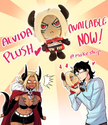  1boy abs ahoge alvida_(peach88) belt black_bridal_gauntlets black_hair black_horns black_shorts black_tail blonde_hair blue_shirt blush breasts bridal_gauntlets cape character_doll cleavage clenched_hands demon_horns demon_tail facial_mark female fur-trimmed_cape fur_trim glasses heart hero_(peach88) highres holding holding_stuffed_toy horns large_breasts navel opaque_glasses open_mouth original peach88 real_life red_cape sharp_teeth shirt shorts stuffed_toy tail teeth twitter_username white_belt 