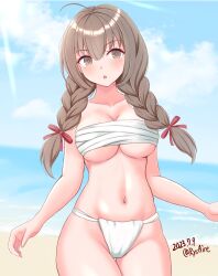  ahoge ame-san beach blue_sky braid breasts brown_eyes brown_hair cloud commentary_request cowboy_shot dated day female fundoshi highres horizon japanese_clothes kantai_collection long_hair low_twintails medium_breasts navel ocean outdoors sarashi shinshuu_maru_(kancolle) sky solo sun thigh_gap twin_braids twintails twitter_username 