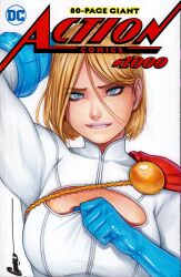  action_comics arm_up biting_own_lip blonde_hair blue_eyes blue_gloves cape cleavage_cutout clothing_cutout comic_cover dc_comics female gloves highres looking_at_viewer omar_dogan power_girl red_cape sleeved_leotard solo superhero_costume traditional_media white_background 