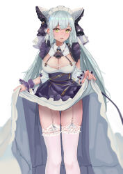  absurdres animal_ears azur_lane blush breasts cheshire_(azur_lane) cheshire_(azur_lane)_(cosplay) cleavage cleavage_cutout clothes_lift clothing_cutout commission cosplay dress dress_lift fake_animal_ears female frilled_dress frills garter_straps green_hair green_nails grey_hair highres large_breasts layered_dress long_hair looking_at_viewer maid_headdress nanado27_7 parted_lips pixiv_commission purple_dress revenge_(azur_lane) simple_background solo sweat thighhighs white_background white_dress white_garter_straps white_thighhighs yellow_eyes 