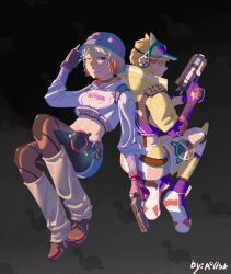  2girls 9782744718 abs absurdres animal_ear_headphones animal_ears animification apex_legends belt black_background black_choker black_gloves black_pantyhose blue_eyes blue_hat blue_socks bucket_hat cat_ear_headphones chinese_commentary choker colored_tips dual_persona fake_animal_ears fingerless_gloves fishnet_top fishnets gloves gun hat headphones highres holding holding_gun holding_weapon hood hood_down hooded_jacket hoodie jacket midriff multicolored_hair multiple_girls navel nessie_(respawn) official_alternate_costume pantyhose parted_lips pink_belt pink_hair purple_footwear scar scar_on_cheek scar_on_face scar_on_stomach short_hair shorts smile socks static_trainers_wattson thunder_kitty_wattson visor_cap wattson_(apex_legends) weapon white_hoodie white_shorts yellow_jacket 