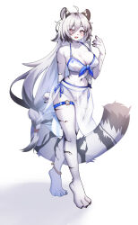  absurdres ahoge animal_ears arm_behind_back barefoot bead_anklet bikini blush breasts cleavage comaya commentary_request female full_body furry furry_female grey_hair hair_between_eyes hand_up hannah_(mahjong_soul) highres large_breasts long_bangs long_hair looking_at_viewer low-braided_long_hair low-tied_long_hair mahjong_soul multicolored_hair navel o-ring o-ring_thigh_strap open_mouth pink_eyes sarong simple_background smile solo streaked_hair swimsuit tail thigh_strap tiger_ears tiger_girl tiger_tail very_long_hair walking white_background white_bikini white_hair white_sarong 