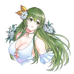  bare_shoulders breasts cleavage detached_sleeves erinys_(fire_emblem) female fire_emblem fire_emblem:_genealogy_of_the_holy_war flower green_eyes green_hair hair_flower hair_ornament hair_ribbon large_breasts long_hair meziosaur parted_lips ribbon short_sleeves solo upper_body very_long_hair white_flower yellow_ribbon 