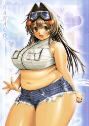  breasts brown_eyes brown_hair character_name cowboy_shot crop_top denim denim_shorts female glint goggles hair_ornament heart heart_hair_ornament highres hott0g111 large_breasts long_hair looking_at_viewer midriff nanaco_(hott0g111) navel open_mouth original plump short_shorts shorts sleeveless smile solo zipper zipper_pull_tab 