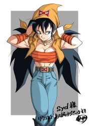  absurdres adjusting_bandana android android_22_(figmentsaint) bandana bandeau belt_buckle black_footwear black_hair blue_eyes boots border breasts buckle cleavage commission denim dragon_ball earrings english_commentary female gold_choker gold_earrings highres jeans jewelry kakeru_(dbskakeru) large_breasts long_hair looking_to_the_side low_twintails midriff orange_arm_warmers orange_bandana orange_bandeau orange_vest original pants red_ribbon_army second-party_source signature skeb_commission sleeveless solo strapless translation_request tube_top twintails very_long_hair vest white_border 