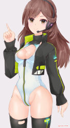  absurdres alice_gear_aegis black_jacket black_thighhighs breasts brown_eyes brown_hair circle_cutout cleavage_cutout clothing_cutout commentary_request companion/af covered_collarbone female front_zipper full-length_zipper grey_background headphones headset highleg highleg_leotard highres index_finger_raised jacket leotard long_hair medium_breasts microphone race_queen rasen_manga sleeveless_turtleneck_leotard solo thighhighs turtleneck turtleneck_leotard two-tone_leotard usamoto_anna white_leotard zipper zipper_leotard zipper_pull_tab 