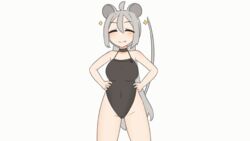  animated_gif big_breasts daebom female female_only grey_hair hands_on_hips light-skinned_female light_skin long_hair mature_female maus mouse_ears mouse_girl mouse_tail one-piece_swimsuit smile solo swimsuit war_thunder white_background 