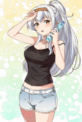  alternate_costume bare_arms belt blush breasts camisole casual cleavage collarbone cowboy_shot denim denim_shorts female groin hair_between_eyes hairband hand_on_own_head high_ponytail highres holding kanmiya_shinobu kantai_collection long_hair looking_at_viewer medium_breasts midriff navel navel_peek open_mouth ponytail ramune shirt short_shorts shorts shoukaku_(kancolle) sidelocks simple_background sleeveless solo standing strap_slip sweat white_belt white_hair yellow_eyes 