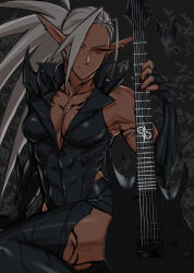  absurdres arm_tattoo bare_shoulders black_butterfly black_nails breasts bug butterfly chest_tattoo dark-skinned_female dark_elf dark_skin drill_(emilio) ear_piercing elbow_gloves electric_guitar elf female fingerless_gloves gloves grey_hair guitar hair_over_one_eye highres instrument large_breasts long_hair long_pointy_ears looking_at_viewer muscular muscular_female nail_polish neytharone_(drill_(emilio)) one_eye_covered original piercing pointy_ears red_eyes side_ponytail smile solo split_mouth tattoo 