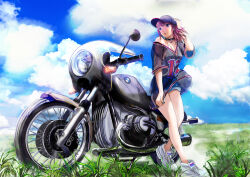  amatsunatsu_hachiko black_collar black_hat black_shirt blue_eyes bmw bmw_r90s camisole cloud collar female floating_hair hand_on_headwear hat looking_to_the_side medium_hair motor_vehicle motorcycle open_mouth original outdoors shadow shirt shoes short_shorts shorts sky sneakers solo vehicle_focus white_camisole white_footwear 