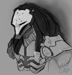  armor blizzard_entertainment bust_portrait cable flophelia hair hi_res long_hair machine male monochrome omnic overwatch portrait ramattra robot simple_background stern_look 