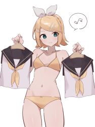  aqua_eyes ass_visible_through_thighs bare_shoulders black_sailor_collar blonde_hair blush bob_cut bow bow_panties bra breasts bright_pupils clothes_hanger collarbone cowboy_shot female flipped_hair groin hair_ornament hair_ribbon hairband hairbow hairclip highres holding holding_clothes_hanger kagamine_rin looking_at_object midriff musical_note navel neckerchief panties rakugaki_ningen ribbon sailor_collar school_uniform serafuku shirt short_hair simple_background sleeveless sleeveless_shirt small_breasts solo speech_bubble spoken_musical_note swept_bangs thigh_gap underwear vocaloid white_background white_bow white_hairband white_ribbon white_shirt yellow_bra yellow_neckerchief yellow_panties 