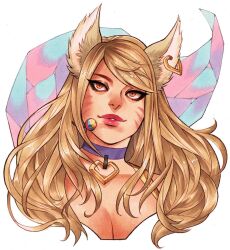  ahri_(league_of_legends) animal_ear_piercing animal_ears blonde_hair breasts choker cleavage facial_mark female fox_ears headset highres k/da_ahri kasia_nie large_breasts league_of_legends long_hair marker_(medium) orange_eyes portrait purple_choker slit_pupils solo traditional_media whisker_markings 