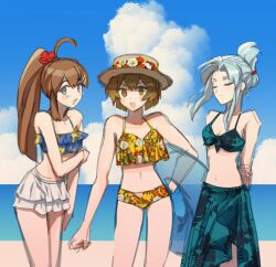  3girls angela_(project_moon) aqua_bikini beach bikini blue_bikini blue_hair boater_hat brown_eyes brown_hair cowboy_shot folded_ponytail high_ponytail highres hod_(project_moon) lobotomy_corporation looking_at_viewer malkuth_(project_moon) mogura_panda multiple_girls open_mouth outdoors parted_bangs project_moon sarong skirt smile swimsuit white_skirt yellow_bikini 