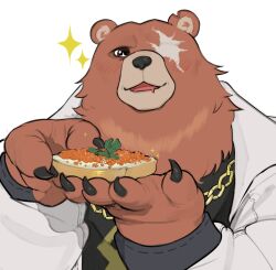  anthro bear ben_bigger blush brown_body brown_fur clawed_fingers claws facial_scar food fur hi_res hungry jewelry kogito male mammal mihoyo missing_eye necklace overweight scar solo zenless_zone_zero 