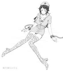  alternate_hair_length alternate_hairstyle animal_print arm_tattoo black_hair boots breast_tattoo breasts chains collarbone commentary_request cuffs female finger_tattoo full_body genderswap_(mtf) hand_tattoo hat highres k84612 leopard_print long_hair medium_breasts monochrome nail_polish nurse nurse_cap one_piece prisoner rule_63 short_sleeves sitting solo tattoo thigh_boots trafalgar_law yellow_eyes zipper_pull_tab 