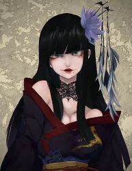  bare_shoulders black_collar black_hair black_kimono blunt_bangs breasts cleavage collar eyelashes female final_fantasy final_fantasy_xiv flower glaa_da green_eyes hair_flower hair_ornament hair_stick highres hyur japanese_clothes kimono lace_collar long_hair looking_at_viewer mole mole_under_mouth obi obiage obijime off_shoulder red_lips red_trim sanpaku sash sidelocks simple_background smirk solo straight_hair uneven_eyes upper_body yellow_background yotsuyu_goe_brutus 