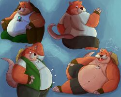  2024 anthro belly big_belly bottomwear brok_the_investigator brown_body chubbymeel clothing cowcat_games cricetid facial_hair hat headgear headwear hi_res male mammal moustache muskrat overweight overweight_male pants rodent shirt sitting solo topwear tramp_(brok_the_investigator) 