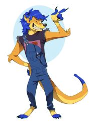  1990s anthro blue_markings clothing fur gesture grin hand_gesture happy herpestid hi_res hindpaw male mammal markings meerkat one_eye_closed overalls paws pointing ripped_sleeves ruffu smile solo teeth tigerthemeerkat wink yellow_body yellow_fur 