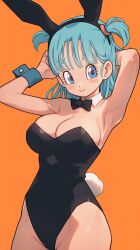  animal_ears armpits arms_up black_bow black_bowtie black_leotard blue_eyes blue_hair bow bowtie breasts bulma_briefs cleavage covered_navel cowboy_shot detached_collar dragon_ball fake_animal_ears female highres kami_kuro8 large_breasts leotard looking_at_viewer orange_background playboy_bunny rabbit_ears rabbit_tail simple_background smile solo strapless strapless_leotard tail wrist_cuffs 