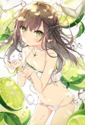  air_bubble bikini brown_hair bubble chestnut_mouth choker female food fruit gem green_eyes green_gemstone hair_ribbon highres hoshi_(snacherubi) leaf long_hair looking_at_viewer original oversized_food oversized_object personification ribbon side-tie_bikini_bottom solo swimsuit underwater untied_bikini untied_bikini_bottom 