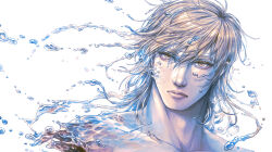  1boy blonde_hair colored_skin commentary_request dated_commentary floating floating_hair highres kanoll_(user_wjyd3282) liquid liquid_hair looking_at_viewer male_focus medium_hair multicolored_skin original simple_background solo topless_male upper_body water water_drop waves white_background yellow_eyes 