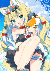  animal_ear_fluff animal_ears bikini bikini_skirt black_bikini blonde_hair blue_sky blush bow colored_inner_hair female fox_ears fox_girl fox_tail fuwafuwa-chan_(kamiyoshi_rika) green_eyes hairbow highres holding holding_water_gun kamiyoshi_rika knee_up long_hair low_twintails multicolored_hair oerba_yun_fang open_mouth original plaid_bow red_bow red_ribbon ribbon skin_fang sky smile solo swimsuit tail thigh_strap twintails v-shaped_eyebrows very_long_hair water water_gun white_hair wristband 