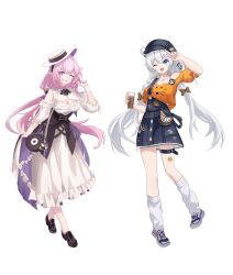  2girls absurdres ahoge bag bare_shoulders belt black_dress black_footwear black_hat blue_eyes braid breasts cleavage collarbone crop_top detached_sleeves dress elf elysia_(honkai_impact) elysia_(miss_pink_elf)_(honkai_impact) elysia_(sweet_memories)_(honkai_impact) fox_print hair_between_eyes hat highres honkai_(series) honkai_impact_3rd kiana_kaslana kiana_kaslana_(sweet_memories) large_breasts long_braid long_hair medium_breasts multiple_girls ningchaningcha one_eye_closed open_mouth paw_print paw_sticker pink_hair pointy_ears shoes shoulder_bag simple_background single_braid smile socks teeth thigh_belt thigh_strap twirling_hair upper_teeth_only v white_background white_dress white_footwear white_hair white_hat white_socks 