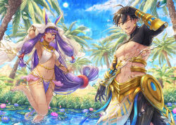  1boy absurdres animal_ears arabian_clothes artist_name barefoot black_gloves blue_sky blunt_bangs blurry bracelet breasts brown_hair cleavage cloud comiket commentary_request dark-skinned_female dark_skin dated_commentary day depth_of_field desert earrings egyptian_clothes eyeshadow facial_mark fate/grand_order fate_(series) female flower gloves gold_bracelet gold_bracer gold_earrings grass highres hoop_earrings jewelry kanoll_(user_wjyd3282) lens_flare lily_pad makeup medium_breasts midriff multiple_bracelets muscular muscular_male navel nitocris_(fate) oasis one_eye_closed open_mouth ozymandias_(fate) palm_tree pectorals purple_eyes purple_hair pyramid_(structure) red_eyeshadow sample_watermark short_hair sky sparkle splashing summer sun tan teeth tongue tree underboob usekh_collar water water_drop water_lily_flower watermark wet 